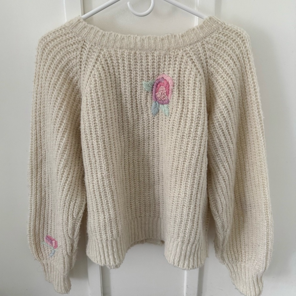 LoveShackFancy Cream Cardigan with Pink Floral Embroidery - Picture 3 of 5